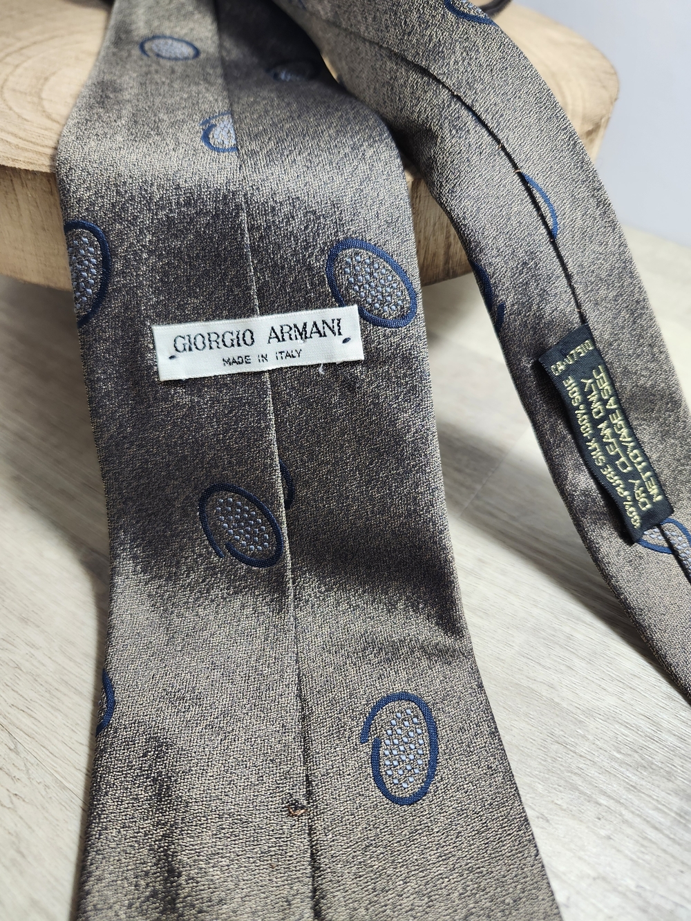 Giorgio Armani Brown Silk Tie with Blue Oval Motif